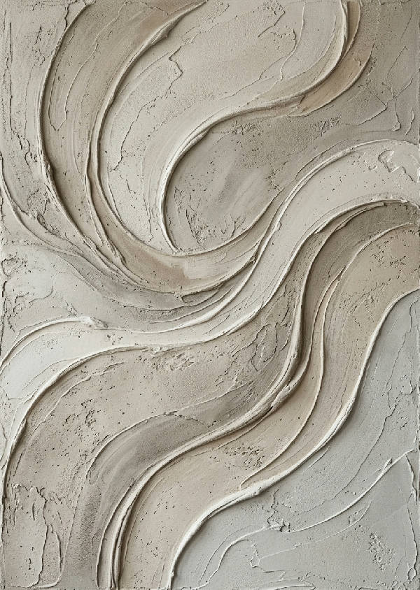 Abstrakt konstverk med vertikala strukturer i mjuka greige och bruna toner, liknar en texturerad vägg eller sandformationer i porträttformat.