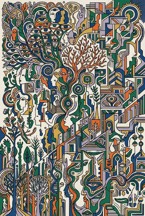 Närbild av ett abstrakt konstverk med tunna svarta repeterande linjer som bildar ett surrealt mönster på en vit bakgrund.