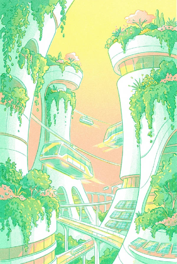 Livfullt risograph-tryck av en futuristisk solarpunk stadssiluett med gröna rankor, vita byggnader och flygande spårvagnar.