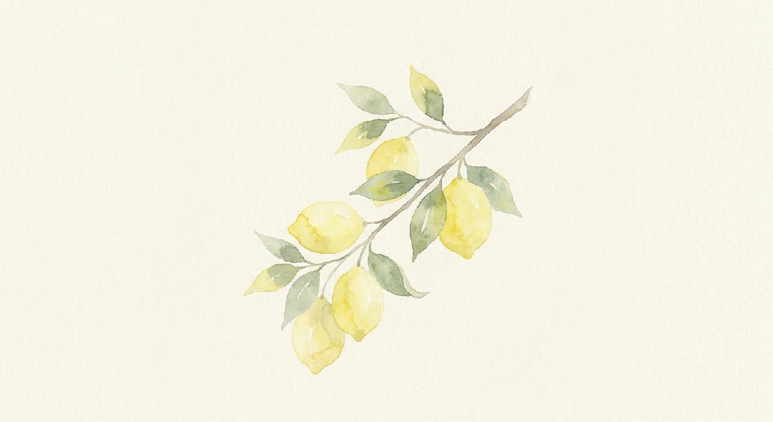 Detaljerad akvarellmålning av en ensam citronkvist med gula citroner och salviagröna blad på en varm beige bakgrund.