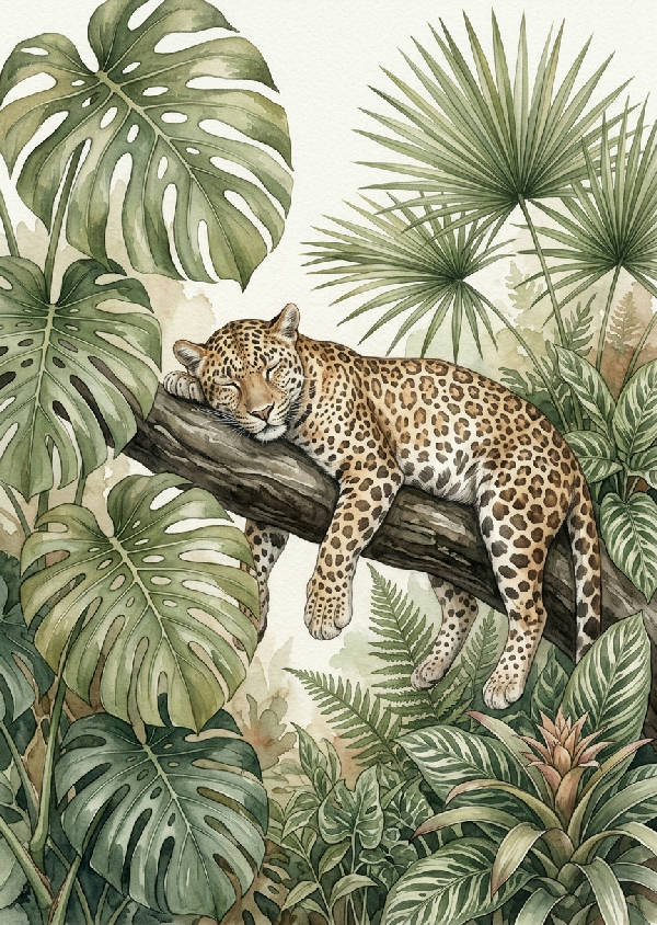 Majestätisk leopard kamouflerad bland livfulla gröna botaniska blad och tropisk djungelvextlighet i stående format.