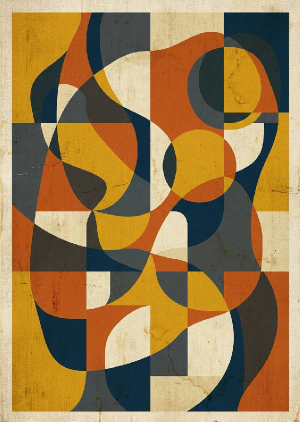 Abstrakt poster med rektanglar, cirklar och trianglar i orange, brunt och beige, porträttorienterad