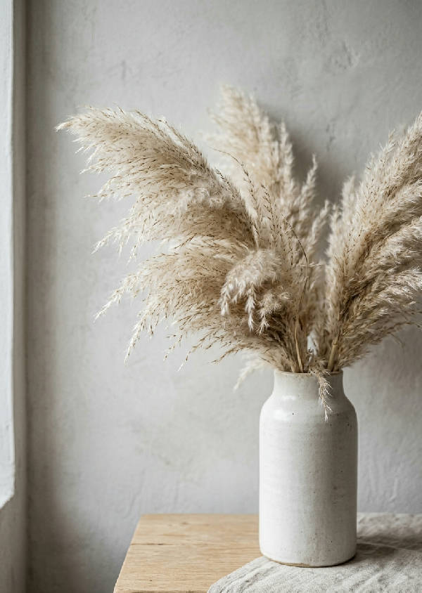 Närbild av torkat pampasgräs i en minimalistisk beige vas, mot en ljusgrå vägg med mjuka skuggor.