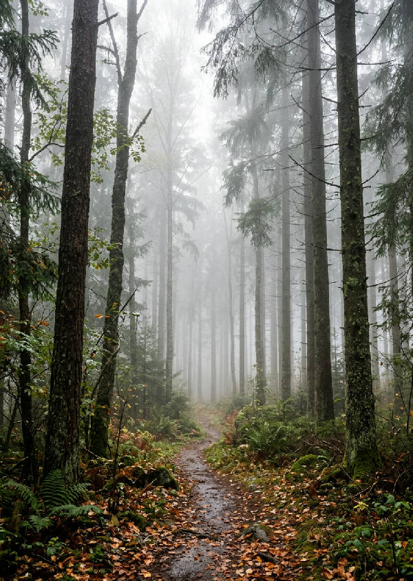 Tavla av en tät skog insvept i tjock dimma, med höga träd som sträcker sig uppåt i dunkelt ljus, i stående format
