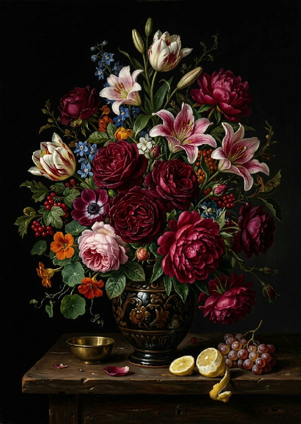 Mörkt och dramatiskt blomsterstilleben med rosor och andra blommor i vas, i gammalmästarstil.