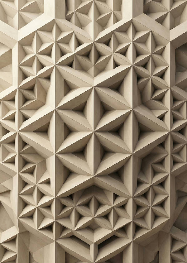 Abstrakt geometrisk fraktal med upprepande hexagonala och triangulära motiv i monokrom beige med subtila skuggor