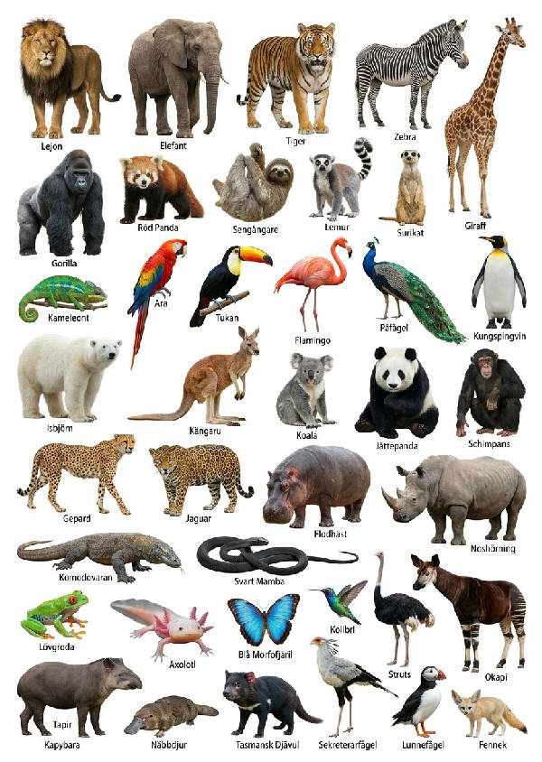 Detaljerad illustration av exotiska djur som lejon, giraff, elefant och zebra på vit bakgrund med deras namn under varje djur.