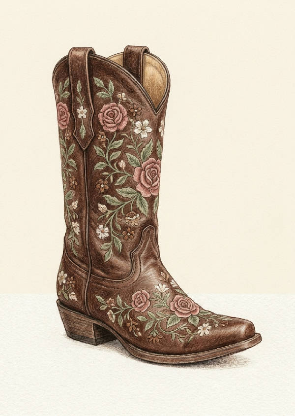 Detaljerad färgpennsteckning av en vintage cowboyboot med blommigt broderi i dammig rosa, salvia och chokladbrun.