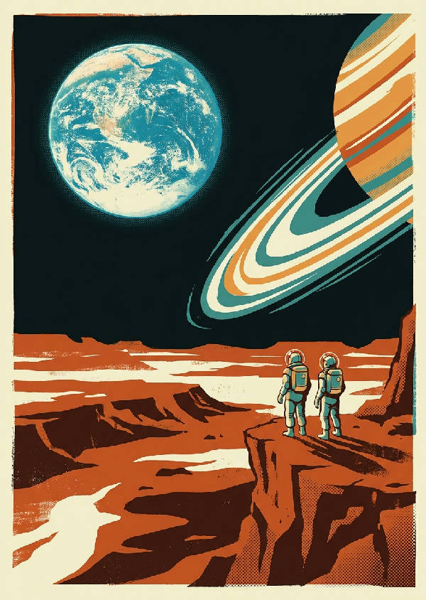 Två små astronauter i retro rymddräkter på en klippa på Mars, tittar upp mot en gigantisk glödande jord och stiliserade Saturnusringar i rymden.