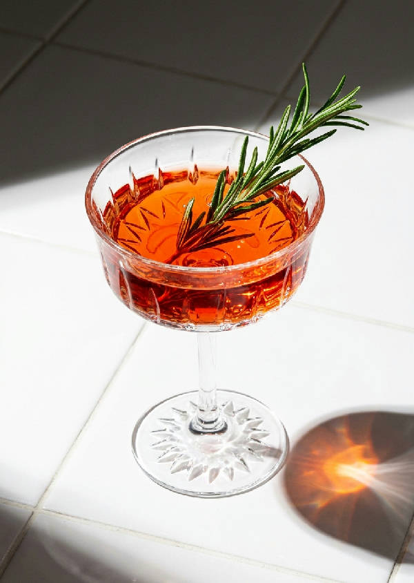 Makrofotografi av ett utsmyckat kristallglas fyllt med en blodapelsin spritz och rosmarin. Starkt solljus skapar dramatiska skuggor på en vit kakelyta.