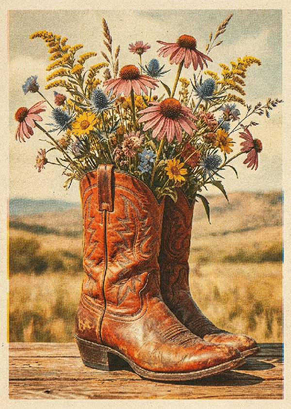 Vintage-inspirerad risograf-tryckt illustration av en sliten cowboyboot som en vas för vilda prärieblommor i brända orange, senapsgula, dammrosa och blekblå nyanser.