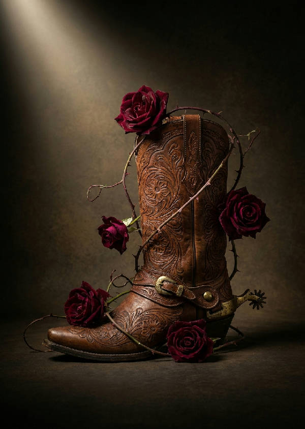 Närbild på en vintage cowboy boot, delvis täckt av mörka ökenrosor under en spotlight.