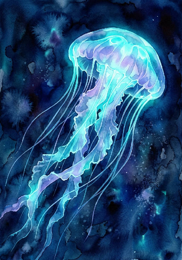 Högdetaljerad akvarellmålning av en svävande, bioluminescent djuphavsmanet med långa, flödande tentakler och transparent klocka i en mörk avgrund.