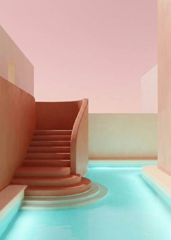 Surrealistisk 3D-render av en terrakottatrappa som leder till en glödande turkos pool. Rodnande rosa himmel och mjukt, utopiskt ljus.