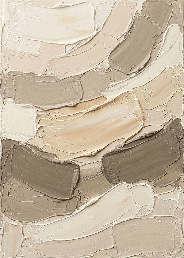 Abstrakt minimalistisk väggkonst i stående format. Mjuk beige och taupe med eleganta texturdetaljer.