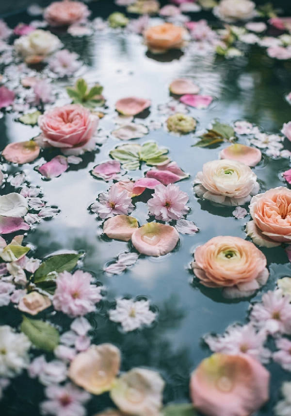 Närbild av blekrosa och vita blomblad som flyter på en stilla vattenyta med mjuka reflektioner