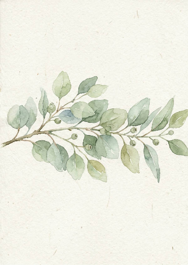 Närbild av en enskild eukalyptusgren målad med akvarellfärger på en vit bakgrund, med mjuka gröna blad och tunna stjälkar.