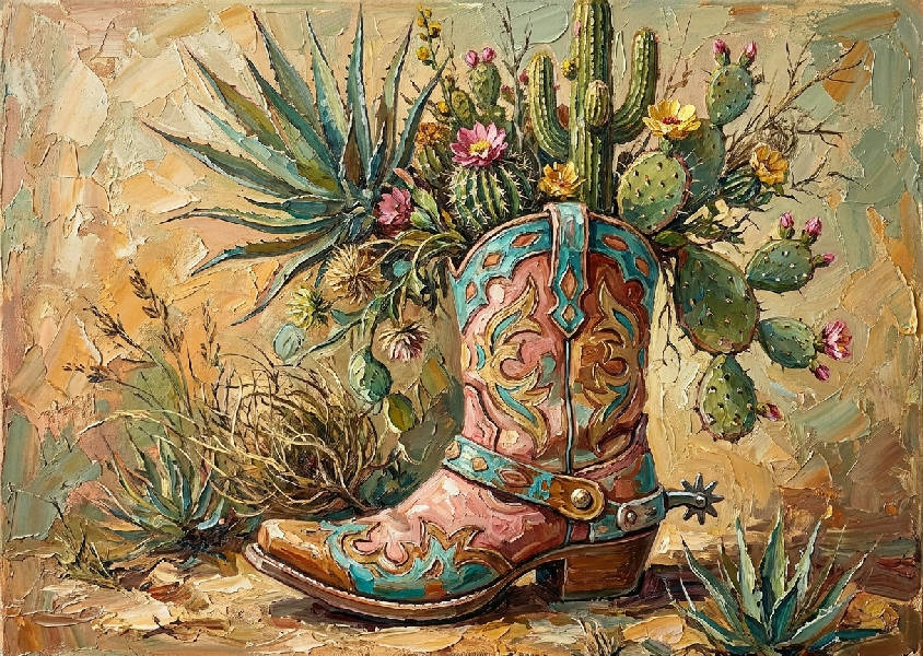 Cowboykänga som vas, med vild ökenflora, agave och kaktusar. Impasto-oljemålning i rosa, turkos, sienna, senap och salviagrönt.