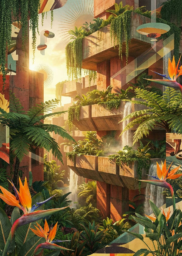 Digital kollage av brutalistisk arkitektur övervuxen med tropisk natur, med gröna rankor och paradisfåglar i gyllene solljus.