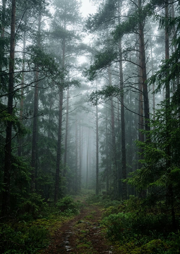 Vertikal bild av en tät granskog insvept i tjock dimma, med anonyma trädsiluetter som tonar bort i diset.