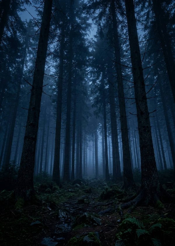 Vertikal bild av en tät tallskog täckt av dimma i djupa midnattsblå och mörkgröna toner. Träden är höga och smala.