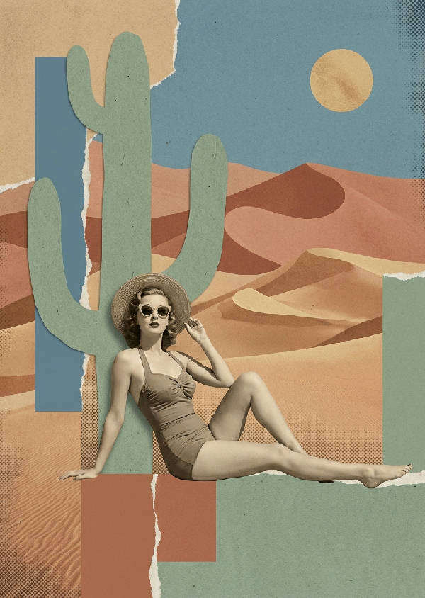 Digitalt kollage av en elegant klädd vintage solbadare mot stora botaniska kaktusar och surrealistiska ökendyner. Varm sand, terrakotta, salviagrön, dammig blå.