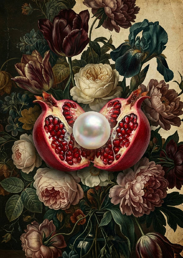 Dramatiskt digitalt kollage med en iriserande pärla i ett granatäpple, mot en mörk holländsk blomsterbakgrund med chiaroscuro-belysning.
