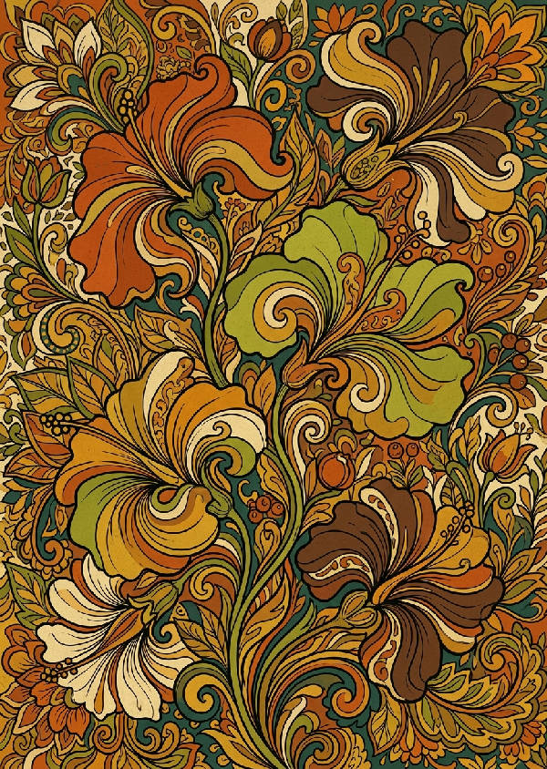 Närbild av stiliserade 70-tals retroblommor i brända orange, gröna och gula nyanser, vertikalt placerade.