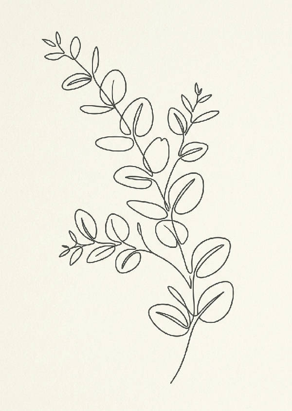 En stilren minimalistisk linjekonstillustration av en ensam eukalyptuskvist med gröna blad i porträttformat.