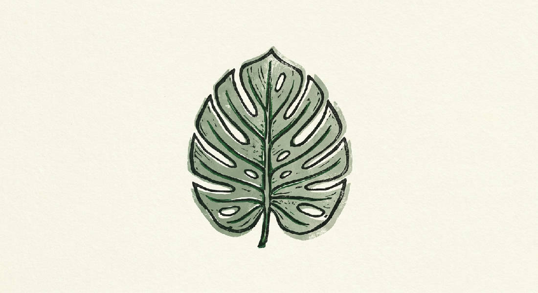 Linocut-tryck av ett enda Monstera-blad med skarpa konturer och fina detaljer på en krämvit bakgrund.