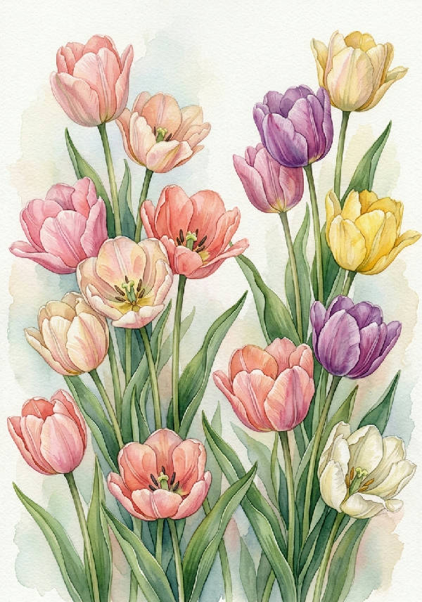 Elegant akvarellmålning av tulpaner i full blom med mjuka rosa, gröna och gula nyanser, fin botanisk stil