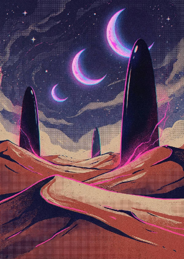 Risograf print av utomjordiskt ökenlandskap med tre månar och monoliter. Sanddyner i rost, sand, indigo, neonrosa toner.