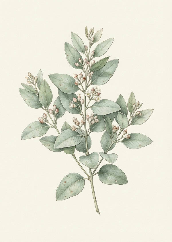 Närbild av en hyperrealistisk botanisk illustration av eukalyptusblad och knoppar i dämpad salviagrön mot en ljus krämfärgad bakgrund