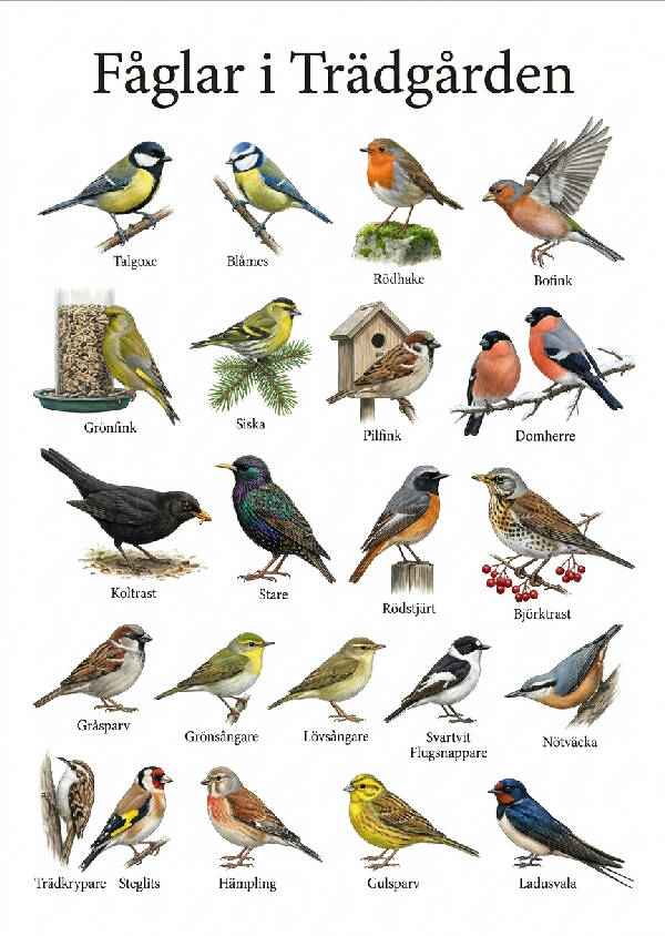 Detaljerad zoologisk illustration av över 22 svenska trädgårdsfåglar med namn på en vit bakgrund, porträtt