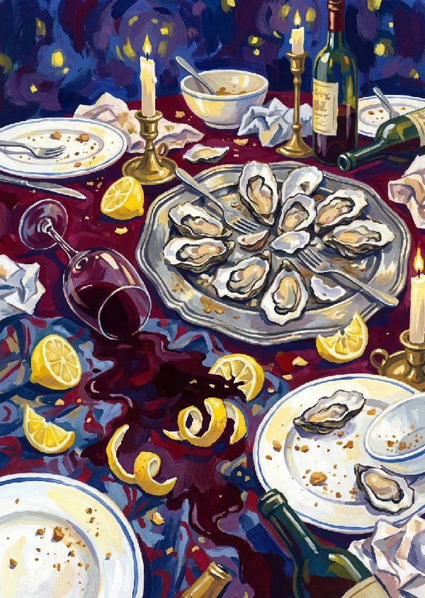 Fargstark gouacheillustration av ett stokigt middagsbord med uppatna ostron, spillt rödvin och citronskivor.