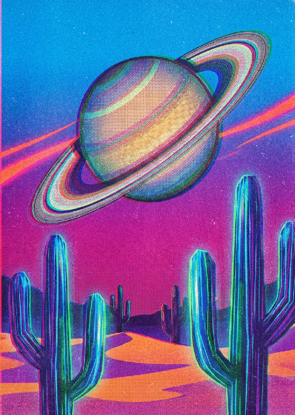 Retro-futuristiskt risograf-tryck av ringplanet över öken med självlysande kaktusar och levande himmel.