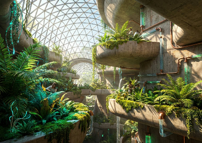 Hyperrealistisk 3D-render av futuristiskt solarpunk växthus med gröna ormbunkar och bioluminiscenta rankor i en brutalistisk betongstruktur under ett geodetiskt glastak.