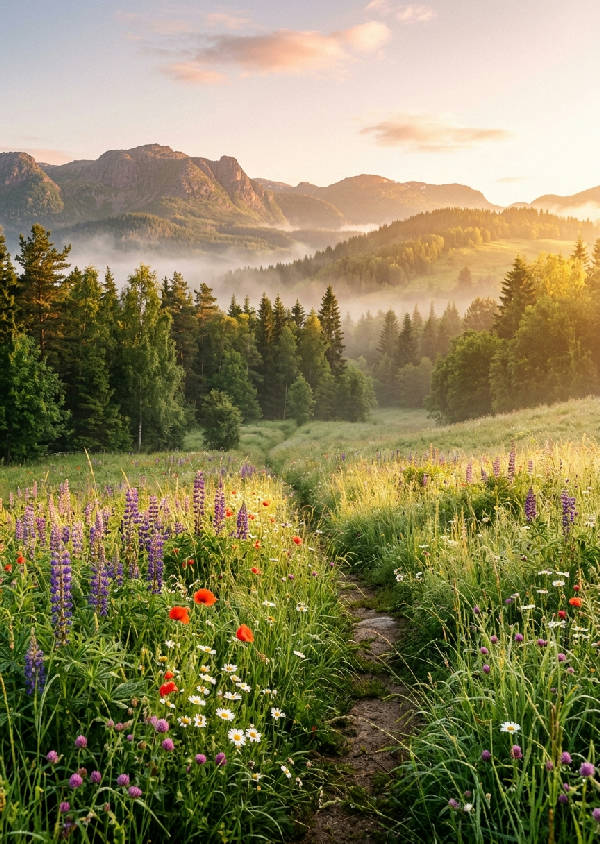 Stillbild av en lugn skandinavisk sommarmorgon med mjukt gyllene ljus över daggiga ängar och vildblommor i förgrunden.