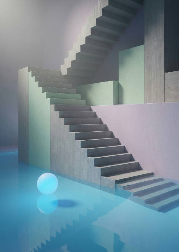 Surrealistisk 3D-renderad brutalistisk betongtrappa som leder ner i en lugn glödande pool. En svävande sfär och mjukt mintgrönt, lila, grått ljus.