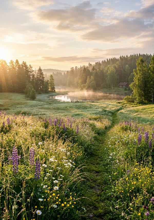 Fridfullt skandinaviskt sommarmorgonlandskap med daggiga ängar, gyllene ljus och vilda blommor i förgrunden