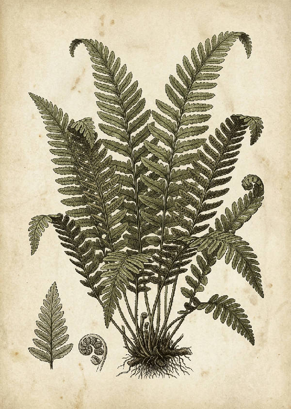 Detaljerad vintageillustration av en ormbunke på ett pergamentfärgat papper, i botanisk stil.