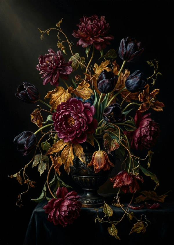 Chiaroscuro oljemålning av vissnande pioner, mörka tulpaner och slingrande rankor i porträttformat.