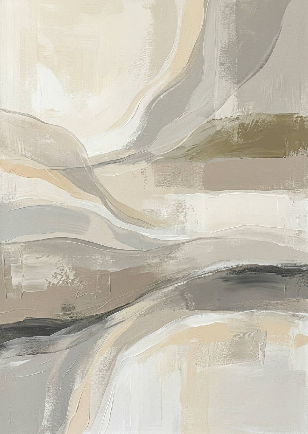 Abstrakt målning med mjuka övergångar i neutrala färger som grått, beige och vitt, med svaga penseldrag.