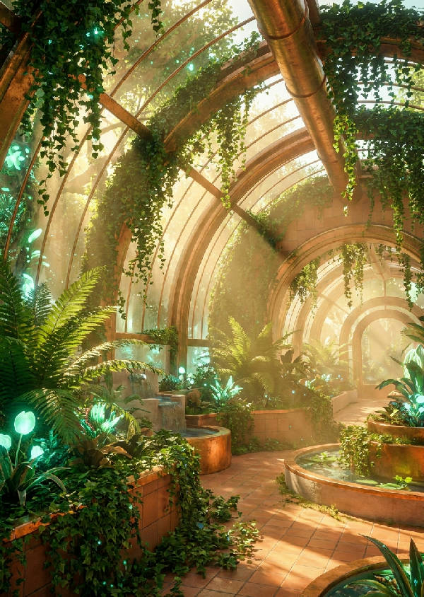 Vibrerande 3D solarpunk växthusinteriör med frodig grön murgröna, glödande bioluminiscent flora och kopparstrukturer under gyllene ljus.