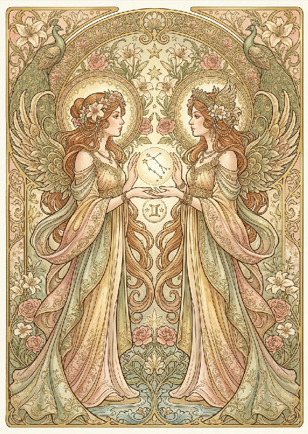 Konstnärlig illustration i Art Nouveau-stil föreställande stjärntecknet Tvillingarna med guldiga slingrande linjer och detaljer.