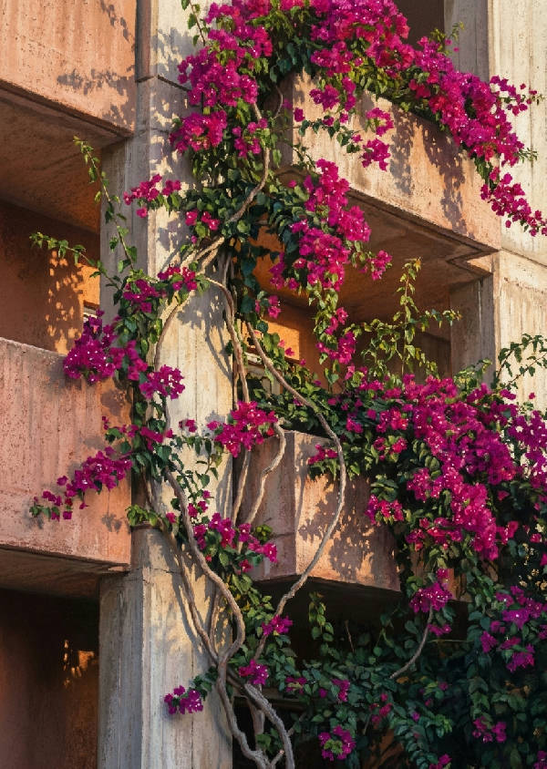 Detaljerad pastellkritateckning av brutalistisk betongfasad täckt av frodig magenta bougainvillea i gyllene timmens ljus.