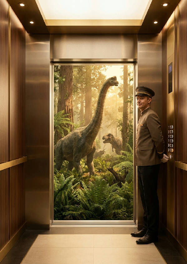 Hyperrealistisk bild inuti en lyxig hotellhiss som öppnar sig mot en orörd Jurassic djungel med levande dinosaurier, hiss-knapparna glöder och operatören står lugnt.