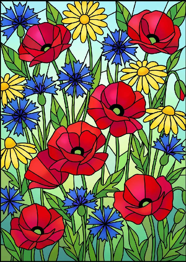Levande digital illustration av sommarvildblommor som vallmo och blåklint i modern målat glas-stil, med djärva svarta konturer och klara färger.
