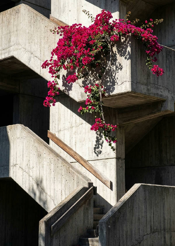 En stark betong brutalistisk trappa med skarpa geometriska skuggor från direkt solljus, prydd med en livfull magenta bougainvillea-ranka.