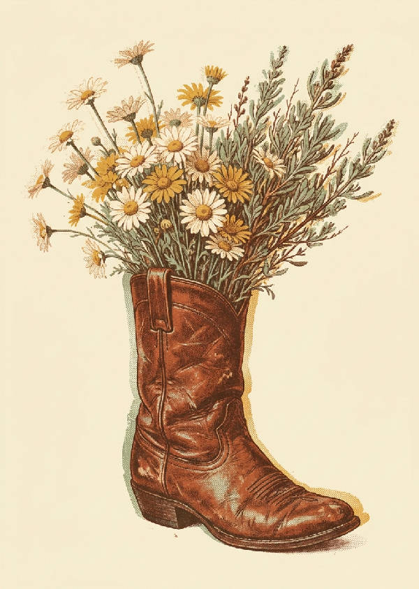 Högupplöst risografibild av en sliten vintage cowboykänga som vas med prästkragar och salvia.